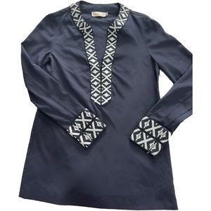 Tory Burch Ariana Tribal Embroidered Navy Tunic Size 0 EUC